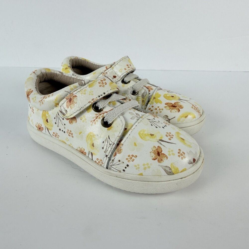Monkey Feet Toddler Floral Sneakers White Yellow Hook Loop Shoes 18-24M